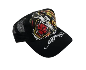Rare Vintage Ed Hardy Trucker Hat Black Tiger Rhinestone Mesh Cap – Y2K Unisex - Picture 1 of 7
