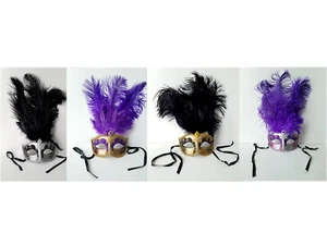 New Venetian Feather Mask with Ostrich Feathers - Masquerade Masks -Choose Color - Picture 1 of 10