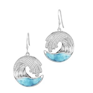 Sterling Silver Alamea Hawaii Larimar Ocean Wave and Pave CZ Earrings - Picture 1 of 2