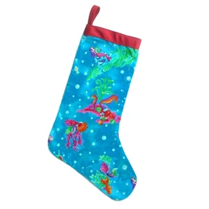 HANDGEMACHTER WEIHNACHTSSTRUMPF UNTER DEM MEER FISCH MUSCHELN SEEPFERDCHEN 100% BAUMWOLLE - Bild 1 von 4