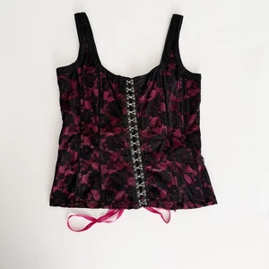 Corsé Top Tripp NYC Talla Grande L Y2K Negro Rosa Estampado Floral Encaje Gancho y Ojo - Imagen 1 de 12