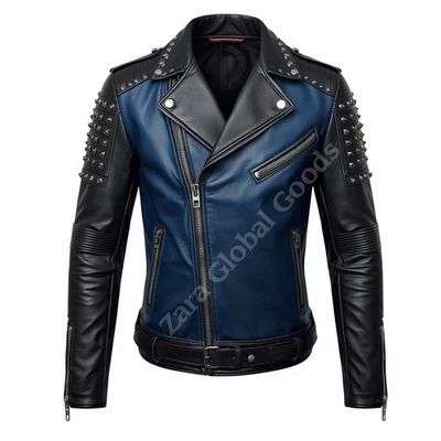 Men’s Punk Studded Sheepskin Biker Leather Jacket Black & Blue | Handmade Premiu - Image 1 of 4