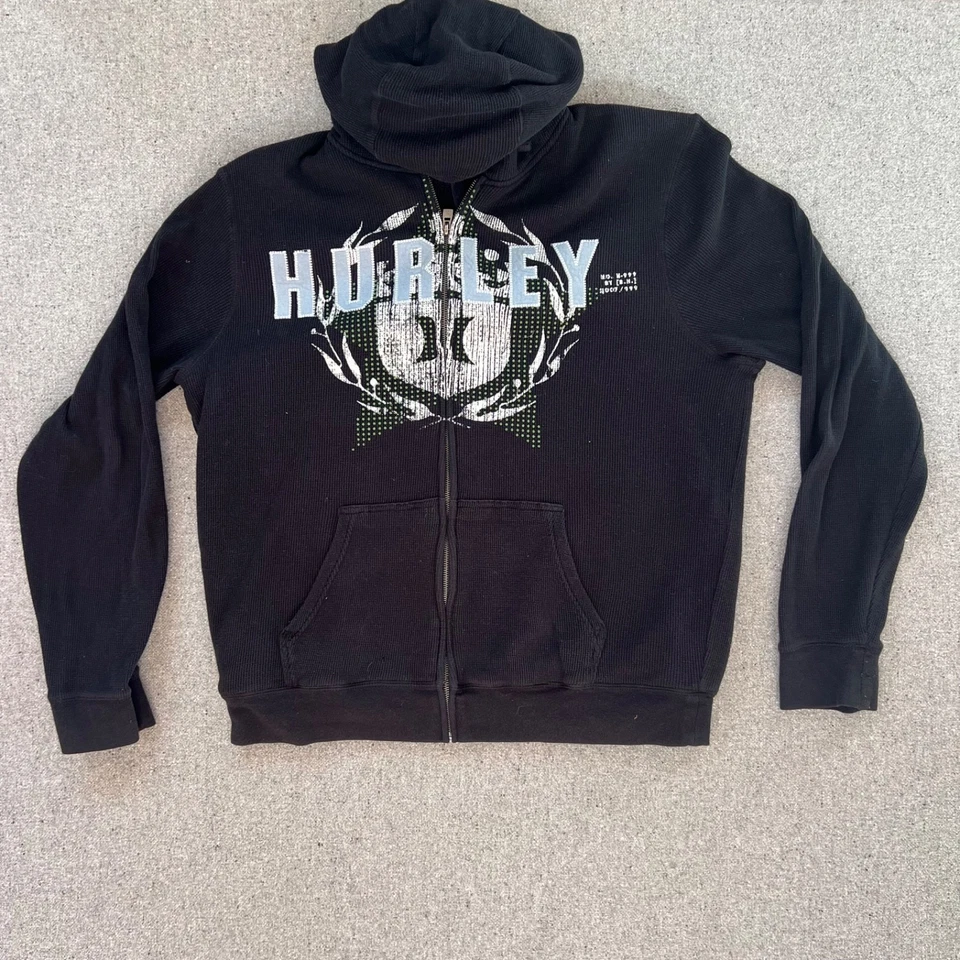 Moletom com capuz Hurley feminino grande preto soletrado com zíper completo - Imagem 1 de 4