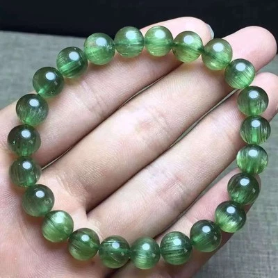 Natural Cat's Eye Green Rutilated Quartz  round  beads   Bracelet - Image 1 of 4