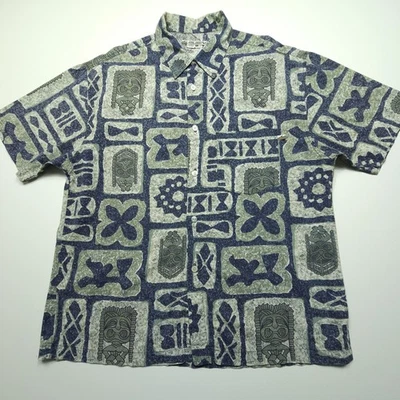 VTG Rusty Mens Shirt Medium Blue Green Tiki Luau Hawaiian Tribal Totem Gods Palm - Image 1 of 4