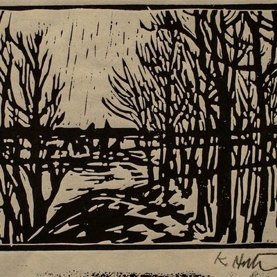 Winterlandschaft Wald Bäume Holzschnitt Expressionismus K. Huth? signiert 20 Jhd - Bild 1 von 3