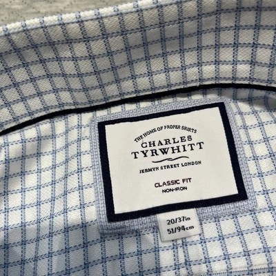 Camisa Charles Tyrwhitt Para Hombres 20/37 Blanco Azul Vestido con Botones A Cuadros Clásico 51/94 Foto 1 de 4