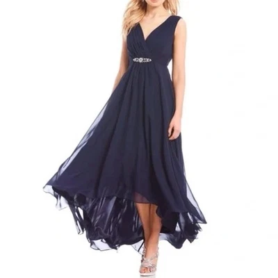 Eliza J Women Dress Size 14 Blue Embellished High Low Chiffon V Neck Gown New - Image 1 of 4