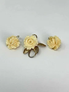 Vtg Signed BURT CASSELL 1/20 12KT Gold Flower Brooch Pin Clip Earrings - Picture 1 of 3