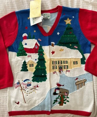 Quaker Factory Americana Womens Christmas Button Up NEW Cardigan Peace Angel  Lg - Image 1 of 4