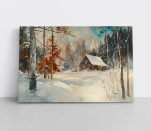 Rustikales Blockhaus verschneiter Winterwald Aquarell Gemälde Druck Leinwand Wandbild - Bild 1 von 15