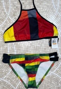 Hurley Halter Crop Top Rasta Bikini 2pc Set Swimsuit Women's S Nwt - Picture 1 of 5