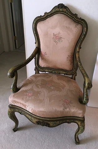 Hand Painted Venetian  Carved Wood Arm Chair with Silk Damask Cover