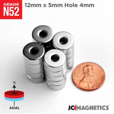 JC-MAGNETICS 12mm x 5mm Hole 4mm N52 Strong Rare Earth Neodymium Magnet Rings 12x5mm H4mm