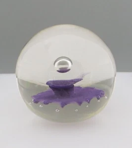 Unsigned Abstract Glass Paperweight, Clear Planet/Bubble above Purple Base 7.3cm - Picture 1 of 12