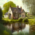 Cottage Oil Painting Pond Luxury Canvas Wall Art Picture Print Colourful