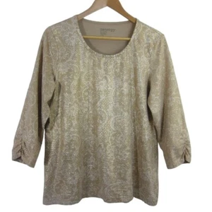 Zenergy Chico's Womens 2 Large Gold Stretch Knit Top Metallic Paisley Tan Travel - Picture 1 of 10