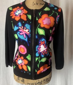 Carlisle Floral Zip Front Cardigan Silk Solid Black Back Women’s Sz Medium - Picture 1 of 7