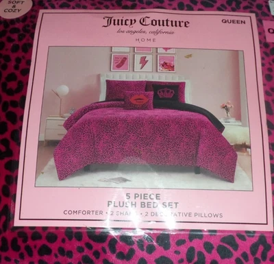 Juego de edredón, almohadas, fundas Juicy Couture felpa rosa/negro leopardo 5 piezas REINA Foto 1 de 4