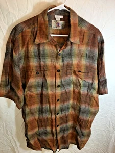 CAMICIA CASUAL UOMO MARRONE RUGGINE GRIGIO PLAID TERRITORIO AVANTI 100% LINO TAGLIA L 50" - Foto 1 di 4