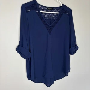PAPERMOON Stitch Fix V-Neck Roll Tab Sleeve Tunic Womens LP Crochet Flowy Blue - Picture 1 of 7