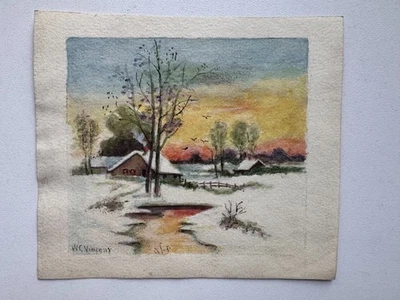 Винтажный 1920-х акварель картина пейзаж зимний сарай туалет Винсент 4 x 4,5 - Изображение 1 из 4