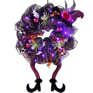 Halloween Wreath 30 Led Purple Lighted Front Door Wreath With Witch Hat Leg Mesh - Picture 1 of 7