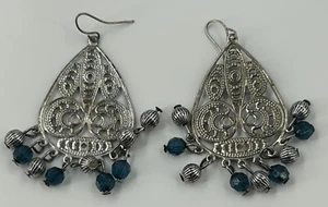 Vintage Bohemian Turkish Filagree Silver Tone Blue Beads Earrings 2.5" Drop - Picture 1 of 6