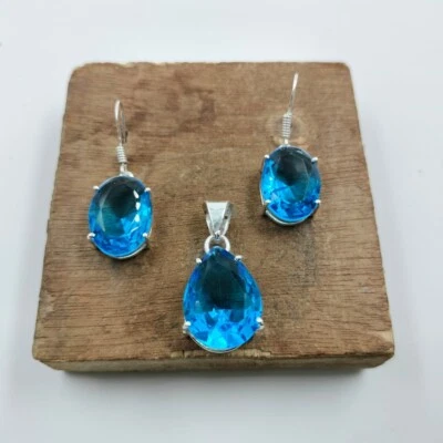 Gorgeous Blue Topaz Gemstone Silver Plated Earrings Pendent Jewelry Set 1.25" - Image 1 of 2