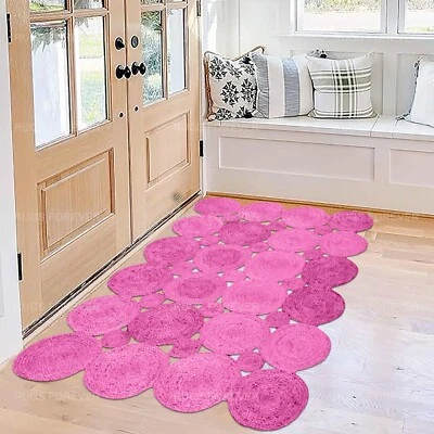 Handmade Natural Jute Green Carpet Living Room Area Rug Scalloped Kitchen Kilim - Image 1 of 4