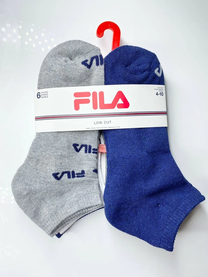Fila Mens Blur Gray White Allover Logo Low Cut Socks Shoe Size 4-10 Pair Of 6