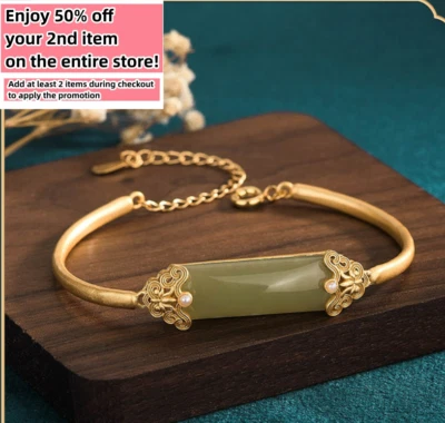 Green Jade Bangle Jade Charm Bracelet 18K Gold Plated Chain Dainty Gemstone - Image 1 of 4