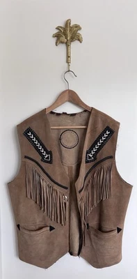 Unisex Tan Suede Fringe Western leather Vest Beaded Native American cowboy Style - Image 1 of 4