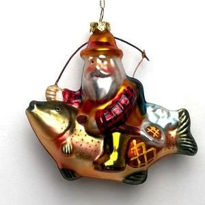 Vintage Glas Ornament Weihnachtsmann auf einem Fisch mit Angelrute 5 Zoll hoch  - Bild 1 von 2