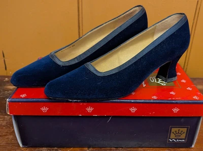 NINA Pump Azul Marino Terciopelo Satinado Clásico Noche Vestido Tacón Zapato Para Mujer Talla 6M Usado en Excelente Condición Foto 1 de 4