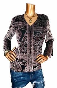 Blusa Chico’s 1 o M Top Terciopelo Suave Ligera Wgt Forrada 3/4 Campana Slvs Marrón Negro - Imagen 1 de 12