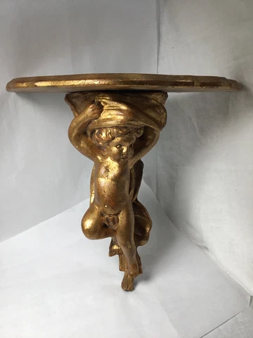 Vintage Italian Florentine Carved & Gilded Wood Cherub Wall Sconce Shelf Cover