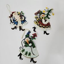 Lot Of 3 Vintage Christmas Tree Ornament Santa Snowman Flower Polymer Clay Tin