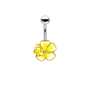 14 GA 3/8" Yellow Butterfly Hibiscus CZ Flower Belly Button Navel Ring B630 - Picture 1 of 4