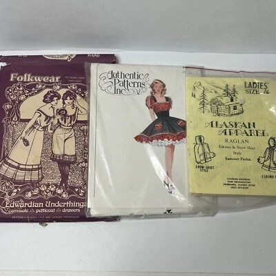 Lot Of 3 Uncut Sewing Patterns Folkwear Alaskan Raglan Edwardian Folkwear - Image 1 of 4