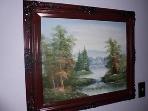Oil Painting Landscape Waterfall Lake Trees Signed CRANE 20x24 (27x31 Framed)VTG - Picture 1 of 11