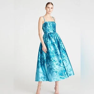 Monique Lhuillier Aqua Mikado Floral Print Midi Dress with Pockets NWT Size 16 - Picture 1 of 11