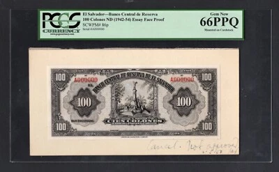 El Salvador Face Essay 100 Colones ND(1942-54) P86p Proof Uncirculated Grade 66 - Image 1 of 2