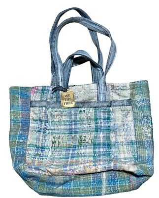 NEW FREE PEOPLE WE THE FREE BLUE GREEN PLAID SASHIKO TOTE BAG - Image 1 of 4