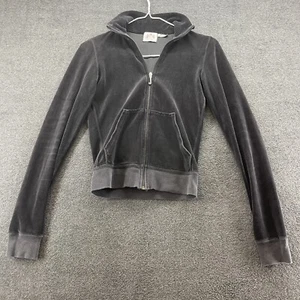 Juicy Couture Velour Jacket Size Petite Black Hooded Full Zip Pockets Y2K 90s - Picture 1 of 11
