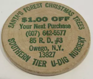 Vintage Santa's Forest Weihnachtsbäume Owego, NY Holzdollar - New York Token - Bild 1 von 2