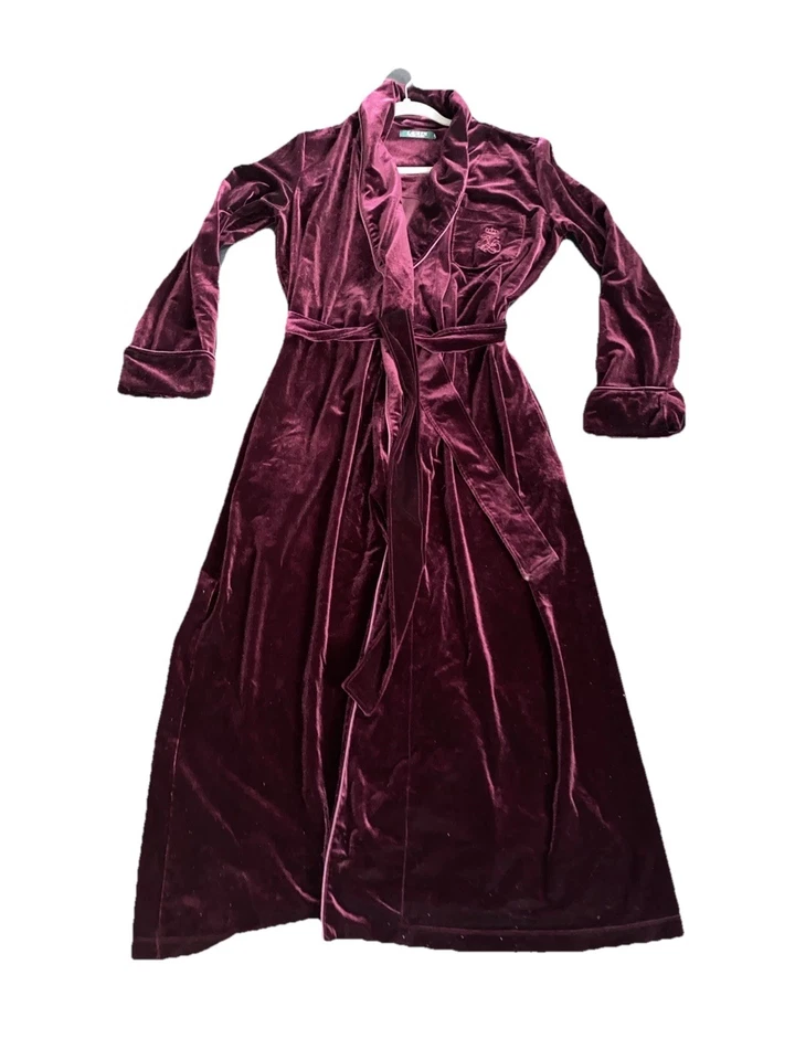 Bata larga de terciopelo de vino de vacaciones Lauren Ralph Lauren para mujer pequeña mediana Foto 1 de 4