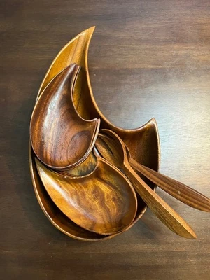 Juego de tazones para servir pan de frutas ensalada de madera de teca de colección 11 piezas forma de lágrima boho MCM Foto 1 de 4