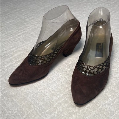 Винтажный Sesto Meucci коричневый замшевый котенок каблук насосы 7 - Изображение 1 из 4