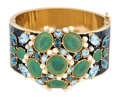 Kate Spade CUFF Pearl Belle Fleur Flower Green Blue Gold Bold Bangle Bracelet gy - Image 1 of 4